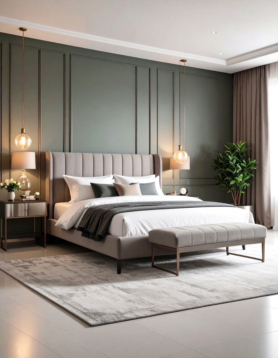 Color Drenched Sage with Soft Grey Furniture - 20 Green and Grey Bedroom Ideas