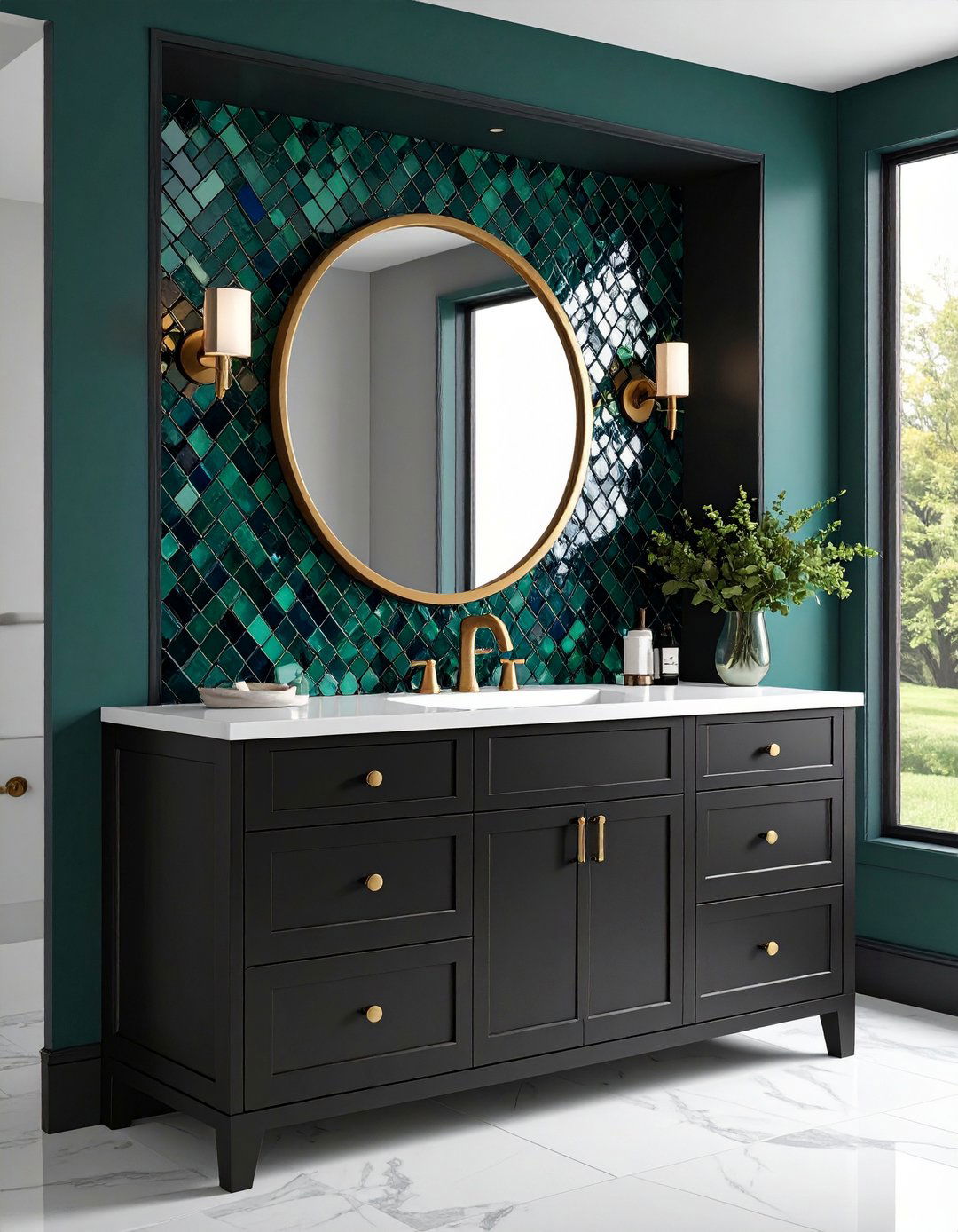 Color Pop Tile Backsplash Behind a Black Base - 20 Black Vanity Bathroom Ideas