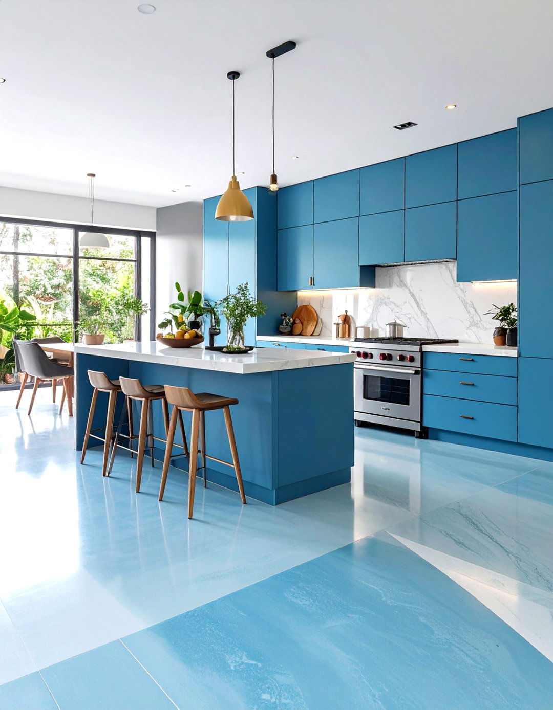 Colored Concrete Floor Kitchen with Vibrant Blue Accents - 20 Concrete Floor Kitchen Ideas