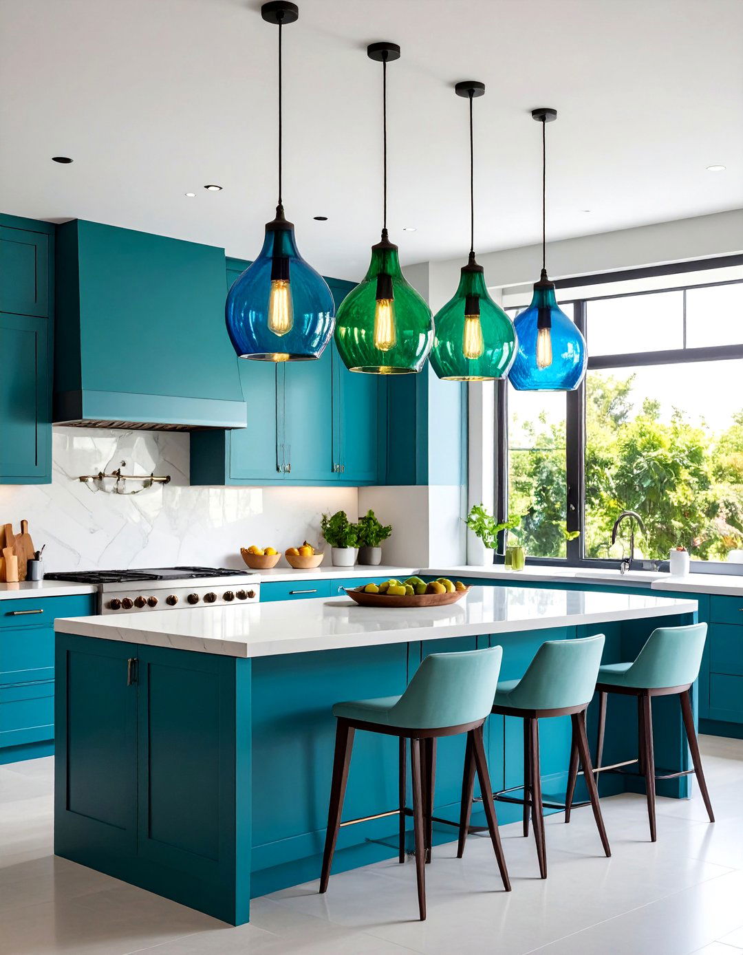 Colored Glass Kitchen Island Lighting for Vibrant Personality - 20 Kitchen Island Lighting Ideas