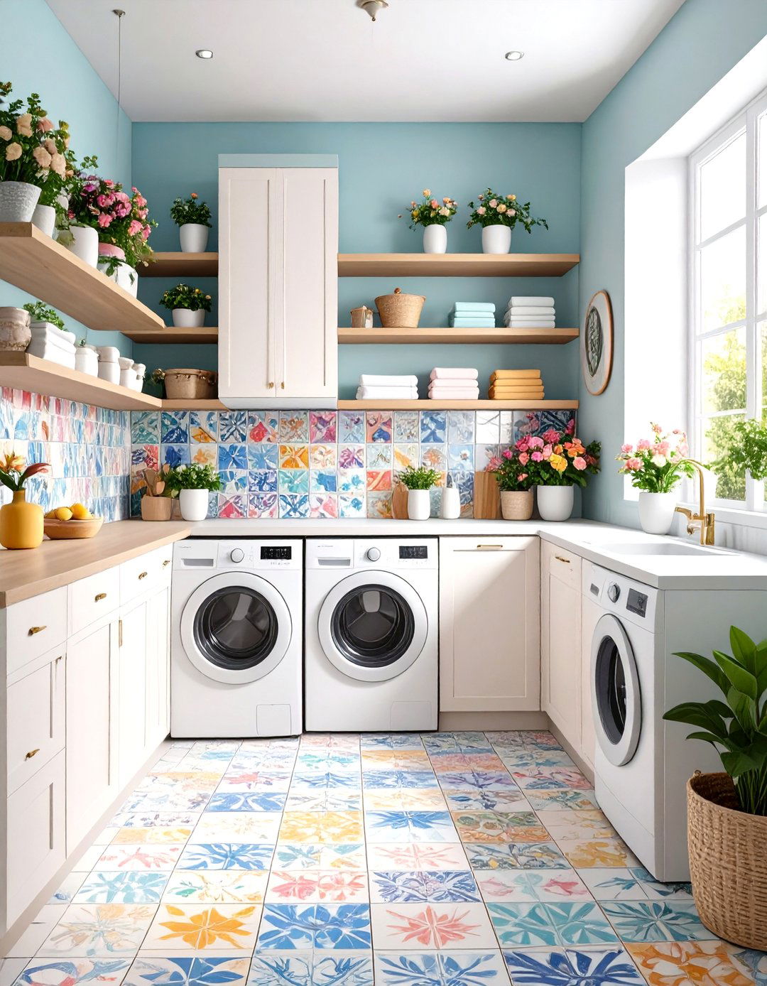 Colorful Ceramic Hand Painted Laundry Room Backsplash - 20 Laundry Room Backsplash Ideas