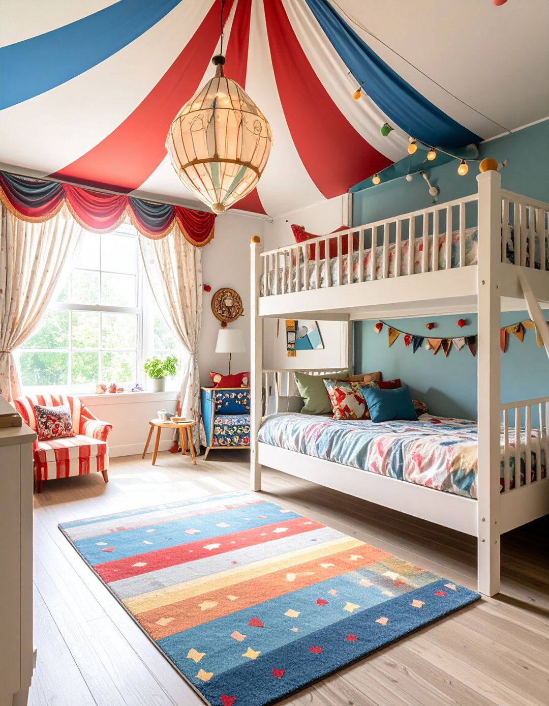 Colorful Circus Themed Bunk Room with Bold Patterns - 20 bunk room ideas