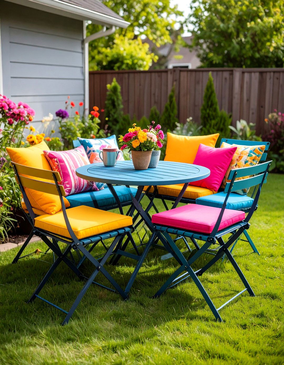 Colorful Foldable Bistro Set - 20 Small Backyard Patio Ideas