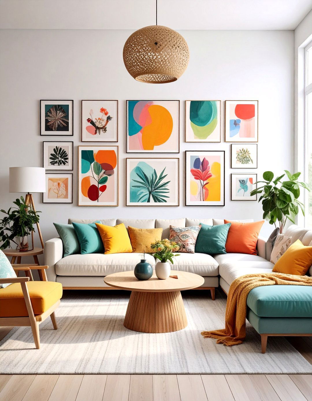 Colorful Living Room with Gallery Wall Art Display - 20 Colorful Living Room Ideas