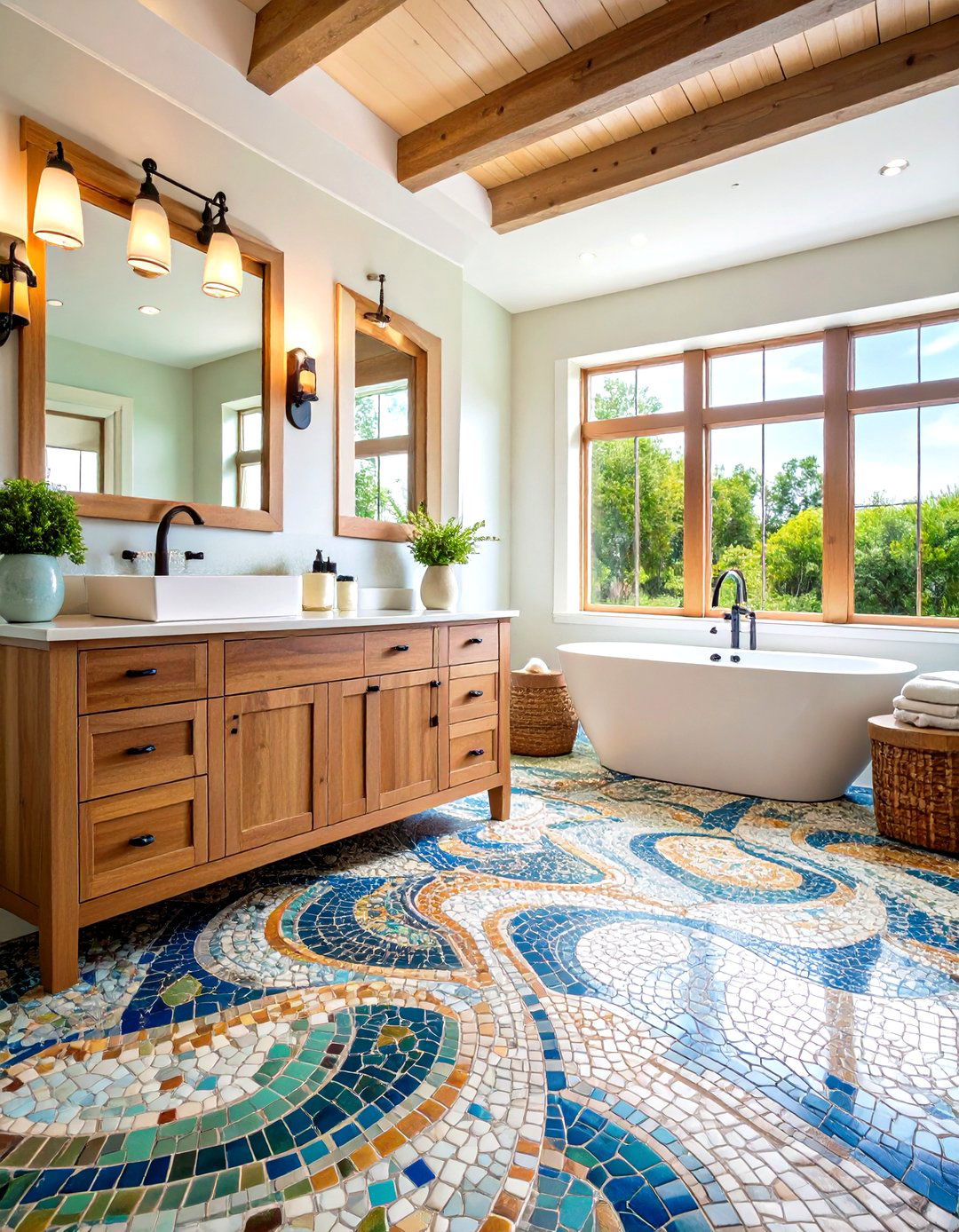 Colorful Mosaic Penny Tile Floor Pattern - 20 Penny Tile Bathroom Floor Ideas