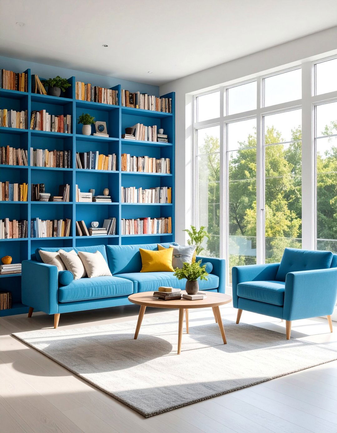 Colorful Painted Back Bookcases Around Window - 20 Bookcases Around Window Design Ideas
