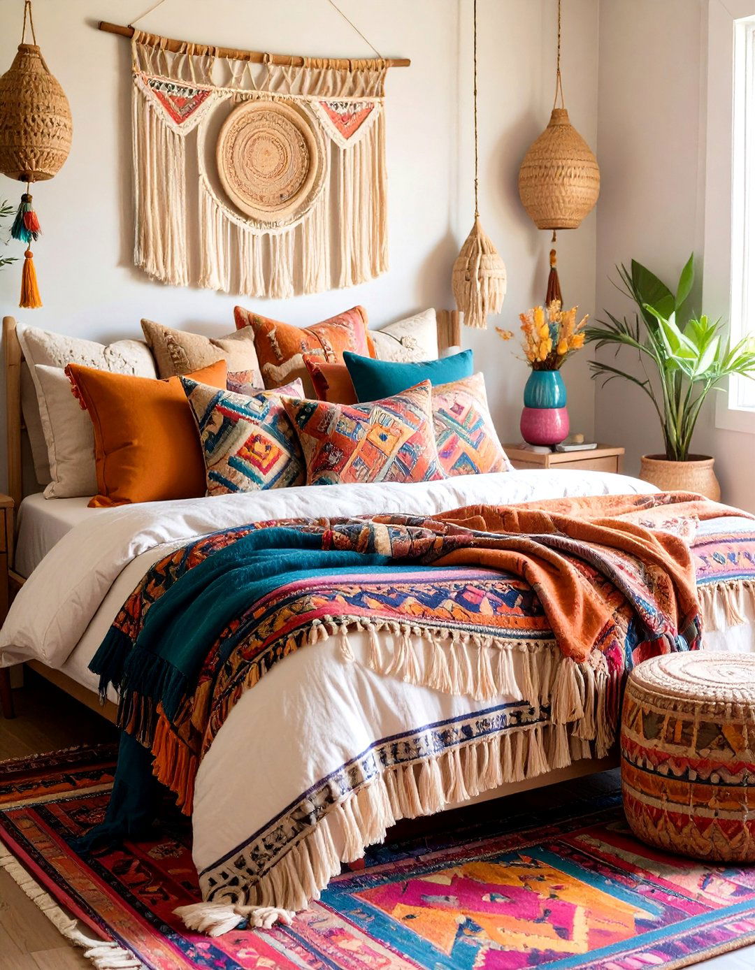 Colorful Patterned Boho Bedroom Bedding - 20 Colorful Boho Bedroom Ideas