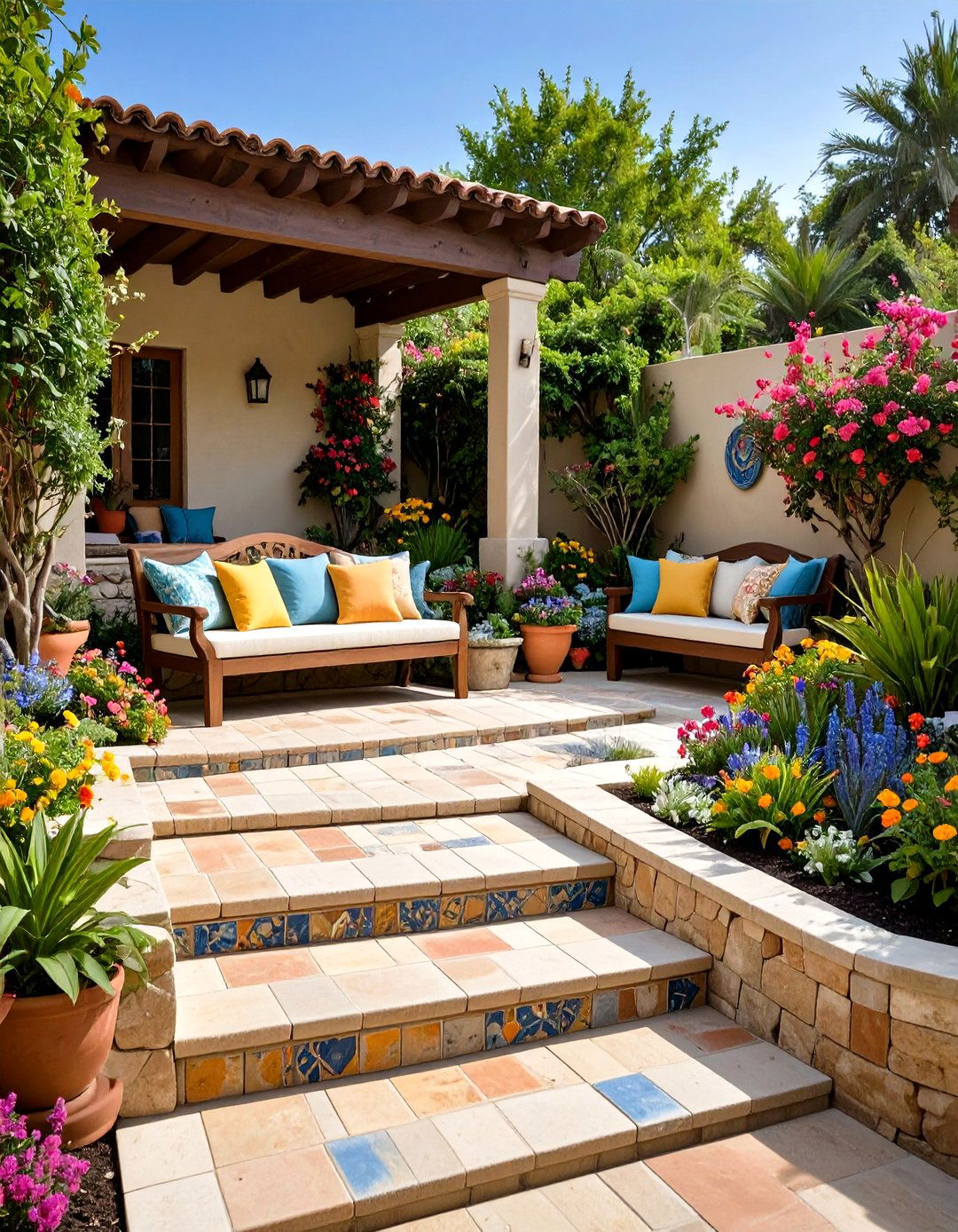 Colorful Tile Accents - 20 Sunken Patio Ideas