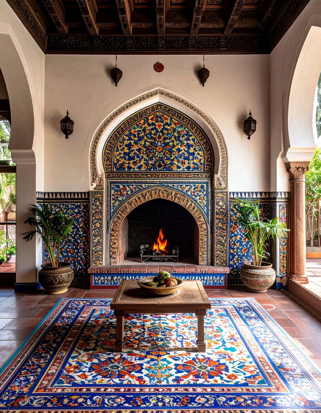 Colorful Tile Surround - 20 Sunroom With Fireplace Ideas