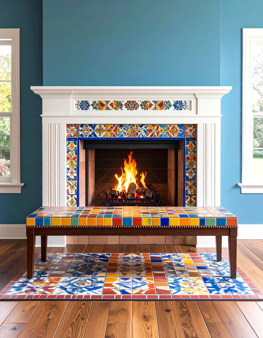 Colorful Tile Topped Fireplace Bench as Accent Feature - 20 Fireplace Bench Ideas