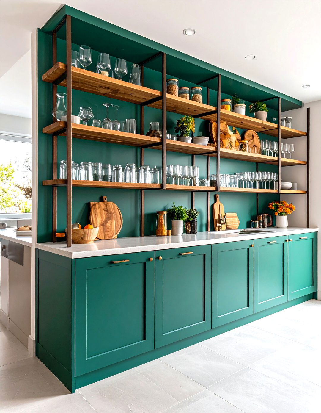 Colour Blocked Open Shelving - 20 Emerald Green Kitchen Ideas