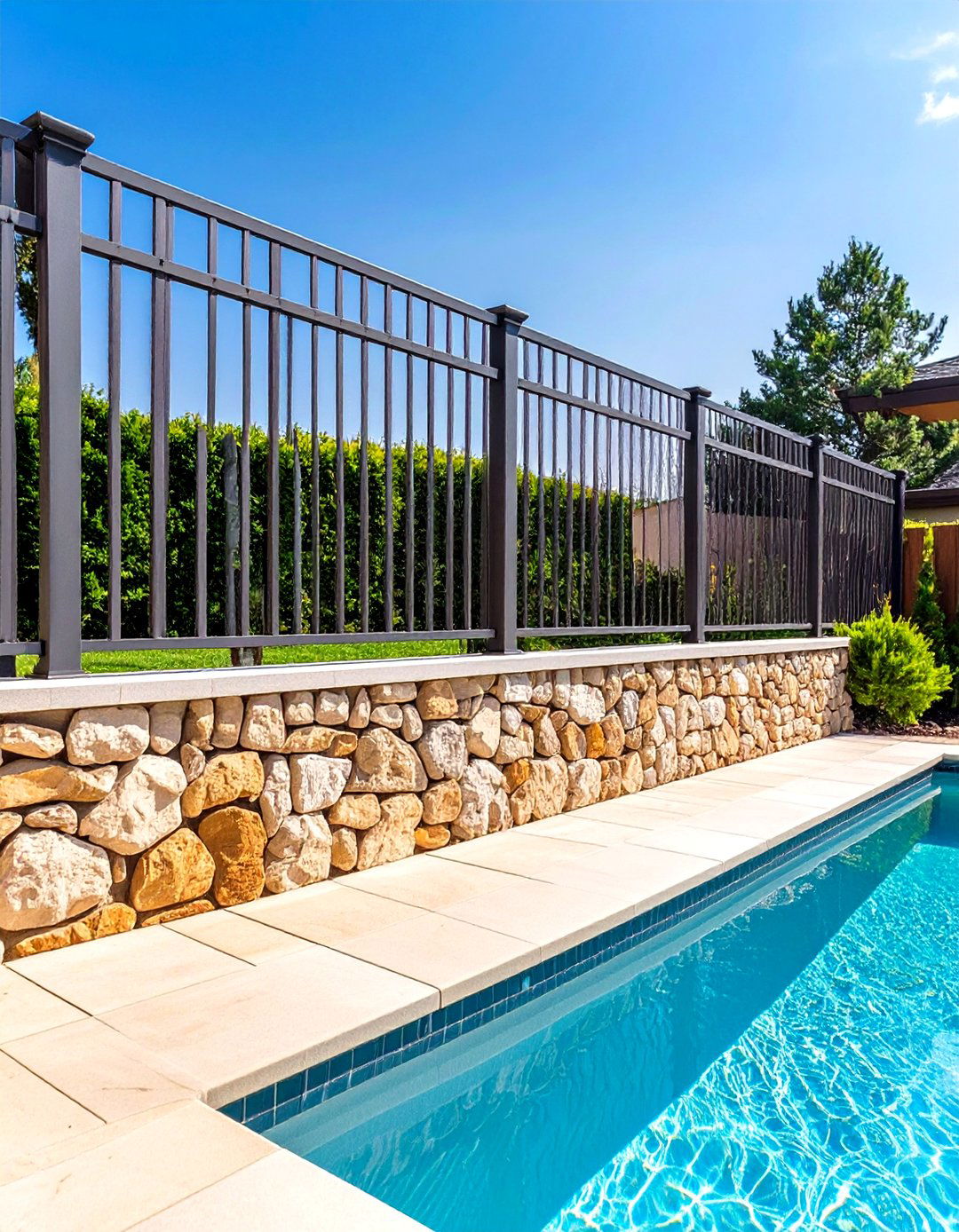 Combination Stone and Metal Fences - 20 Pool Fence Ideas
