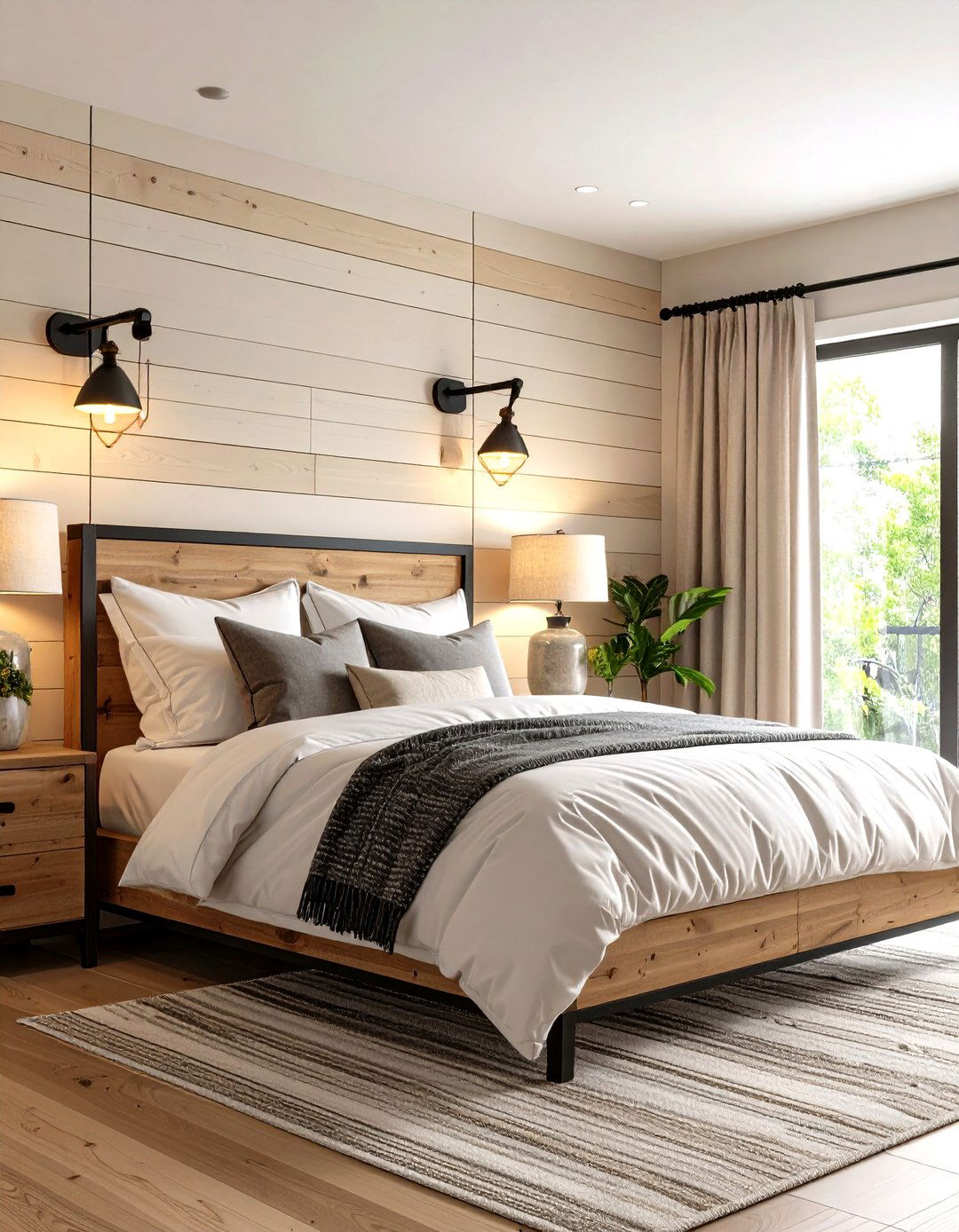 Combine Cream Shiplap with Black Industrial Sconces - 20 Cream and Black Bedroom Ideas