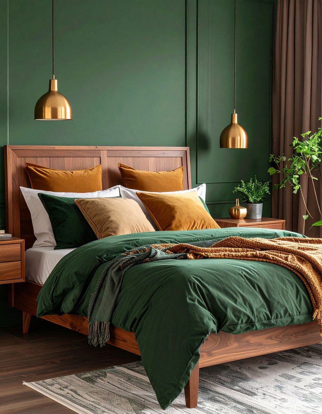 Combine Forest Green Bedroom Walls with Mustard Accents for Mid Century Flair - 20 Forest Green Bedroom Ideas