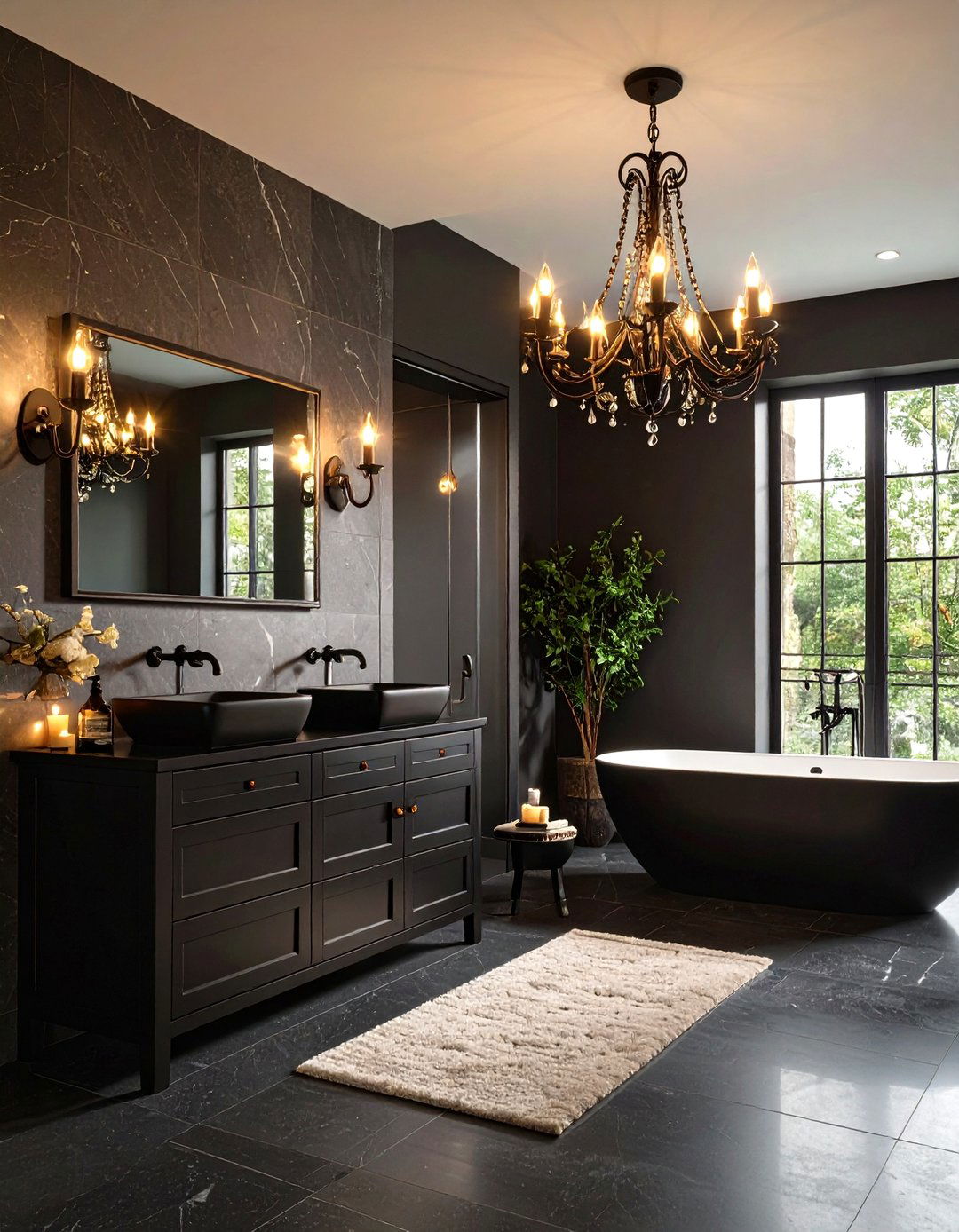 Combine Matte Black Fixtures with Wrought Iron Lighting - 20 Gothic Bathroom Ideas