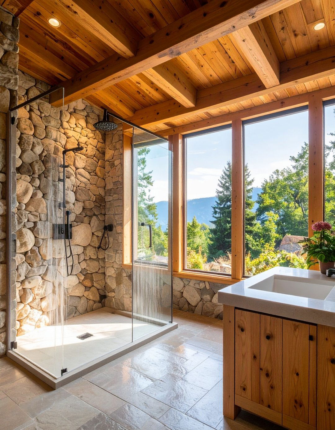 Combine Natural Wood and Stone for a Cozy Feel - 20 Rustic Walk-in Shower Ideas