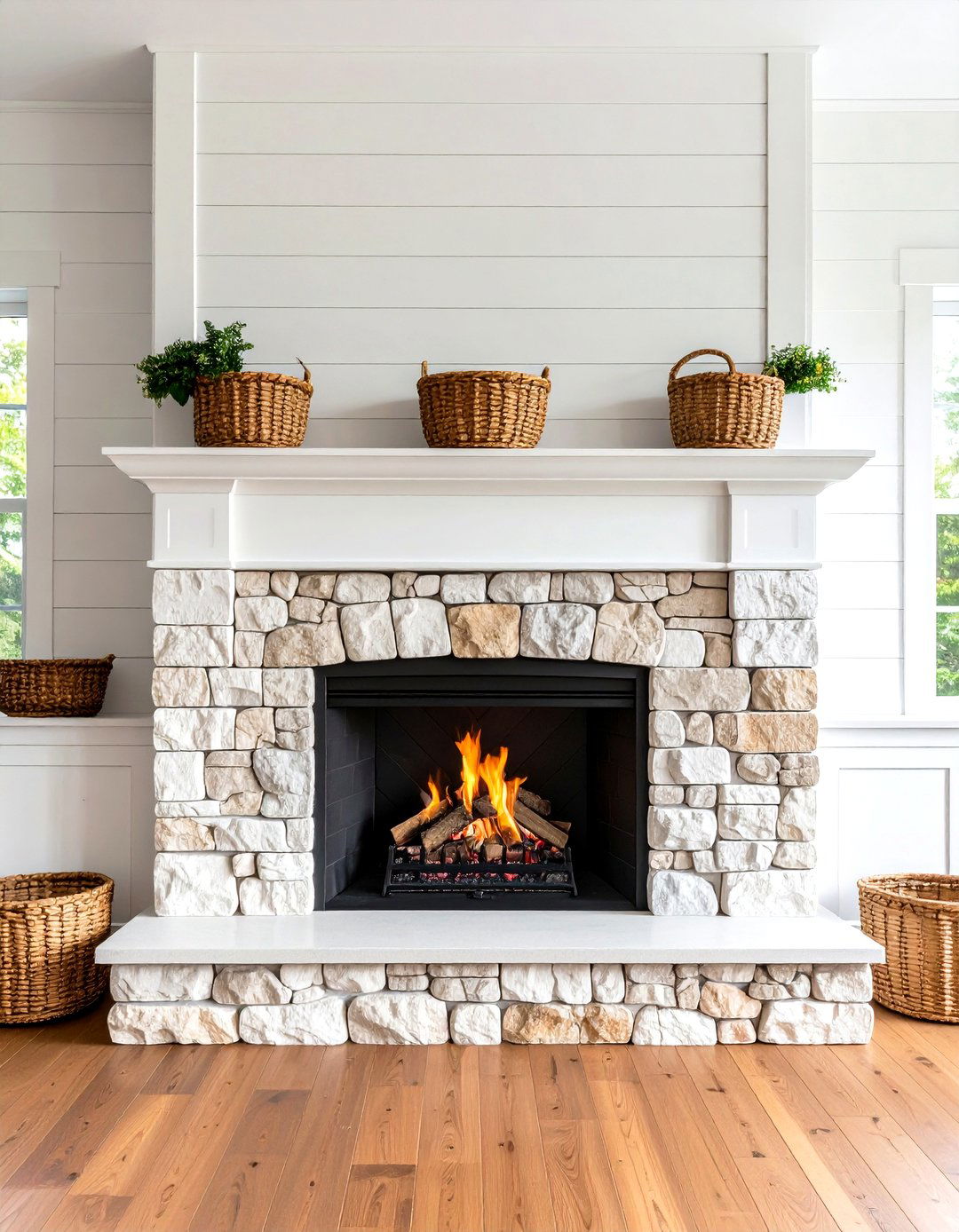 Combined Shiplap and Stone Fireplace Design - 20 Farmhouse Fireplace Ideas