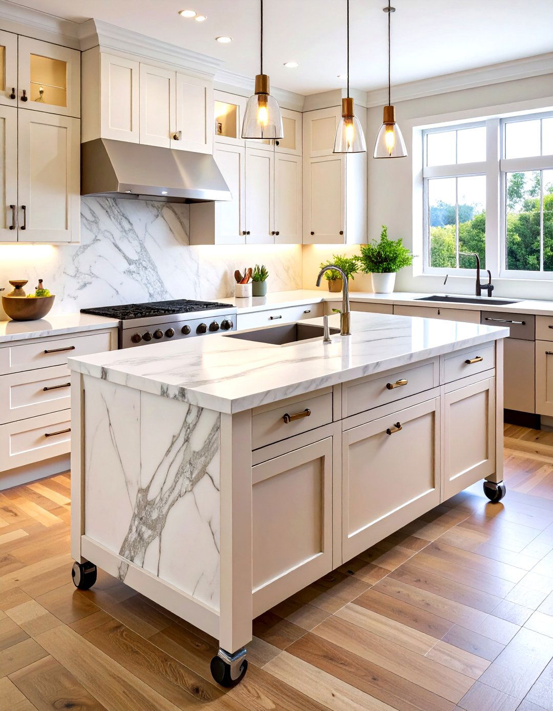 Compact Rolling Marble Kitchen Island for Small Spaces - 20 Marble Kitchen Island Ideas