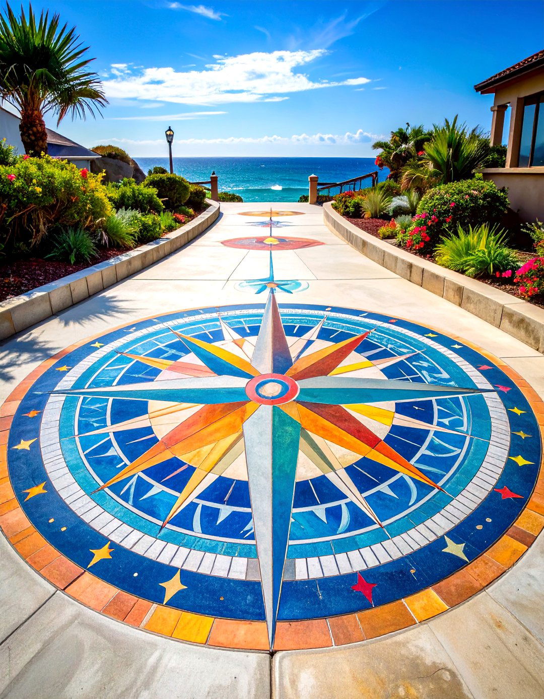 Compass Rose Design Concrete Walkway Painting - 20 Concrete Walkway Painting Ideas