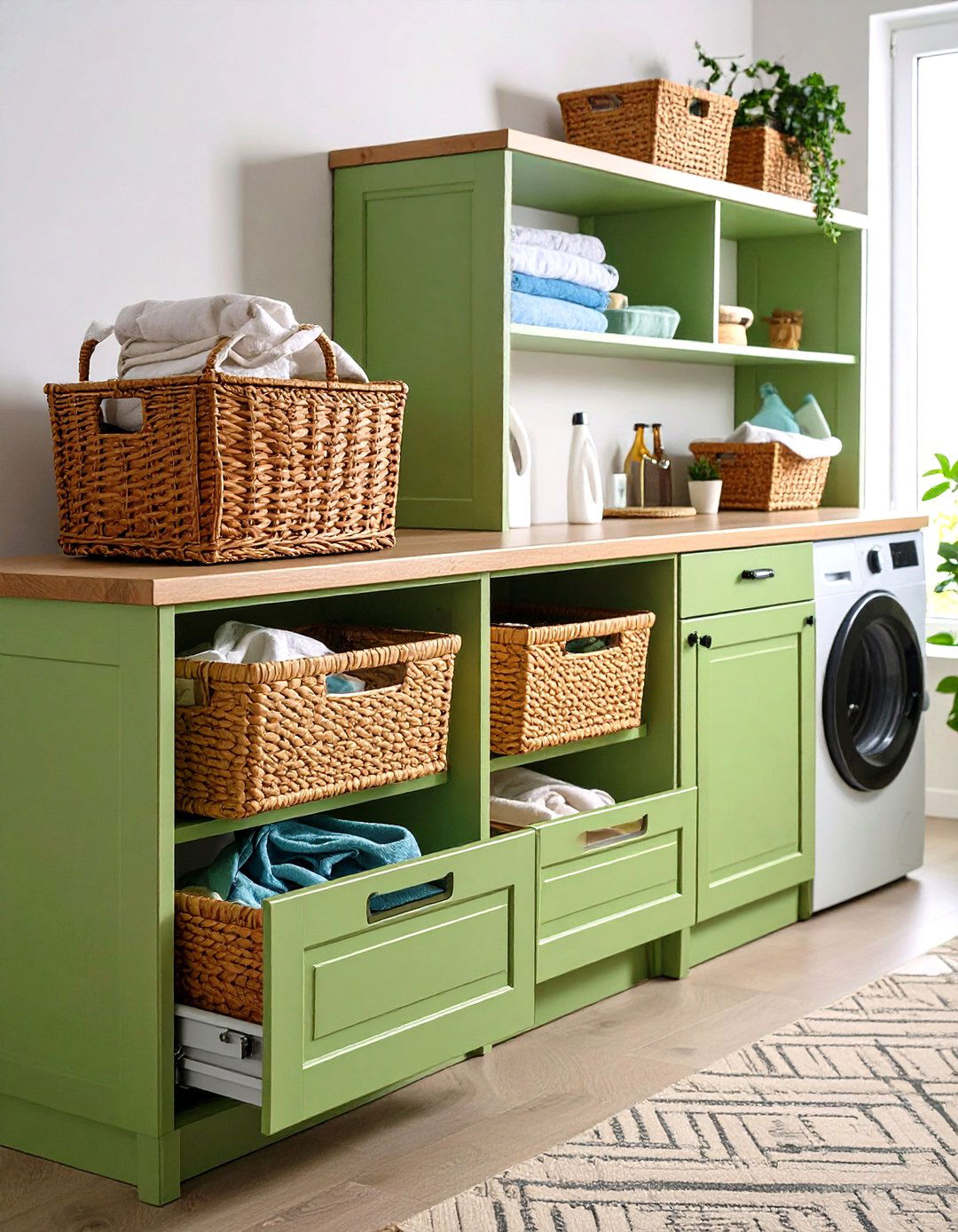 Concealed Pull Out Hampers - 20 Sage Green Laundry Room Ideas