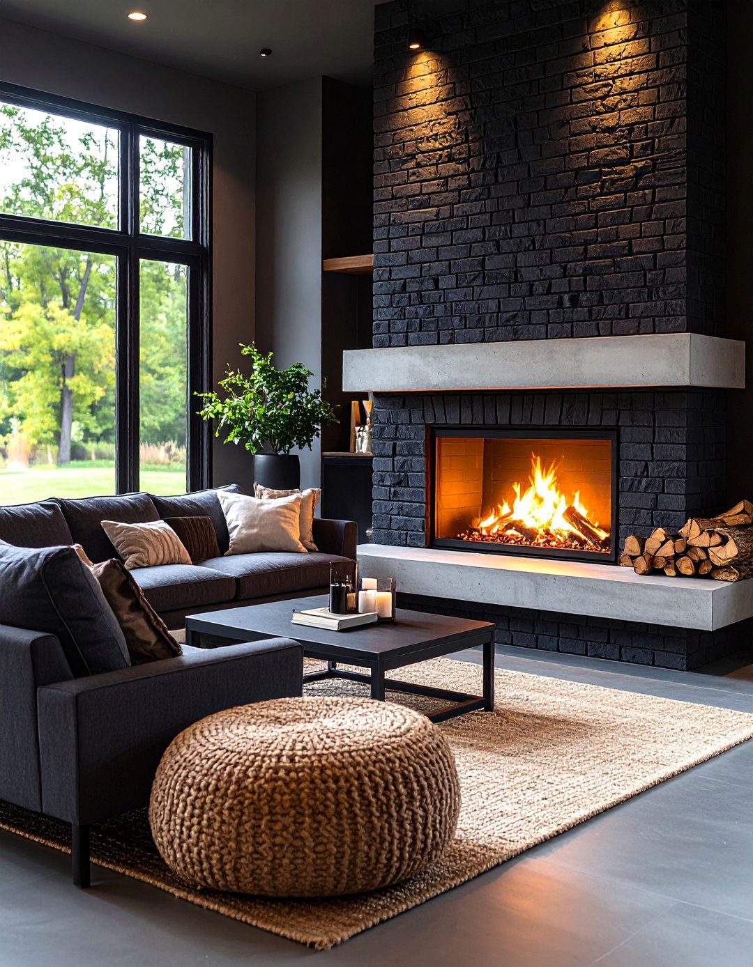 Concrete Bench Black Brick Fireplace - 20 Black Brick Fireplace Ideas