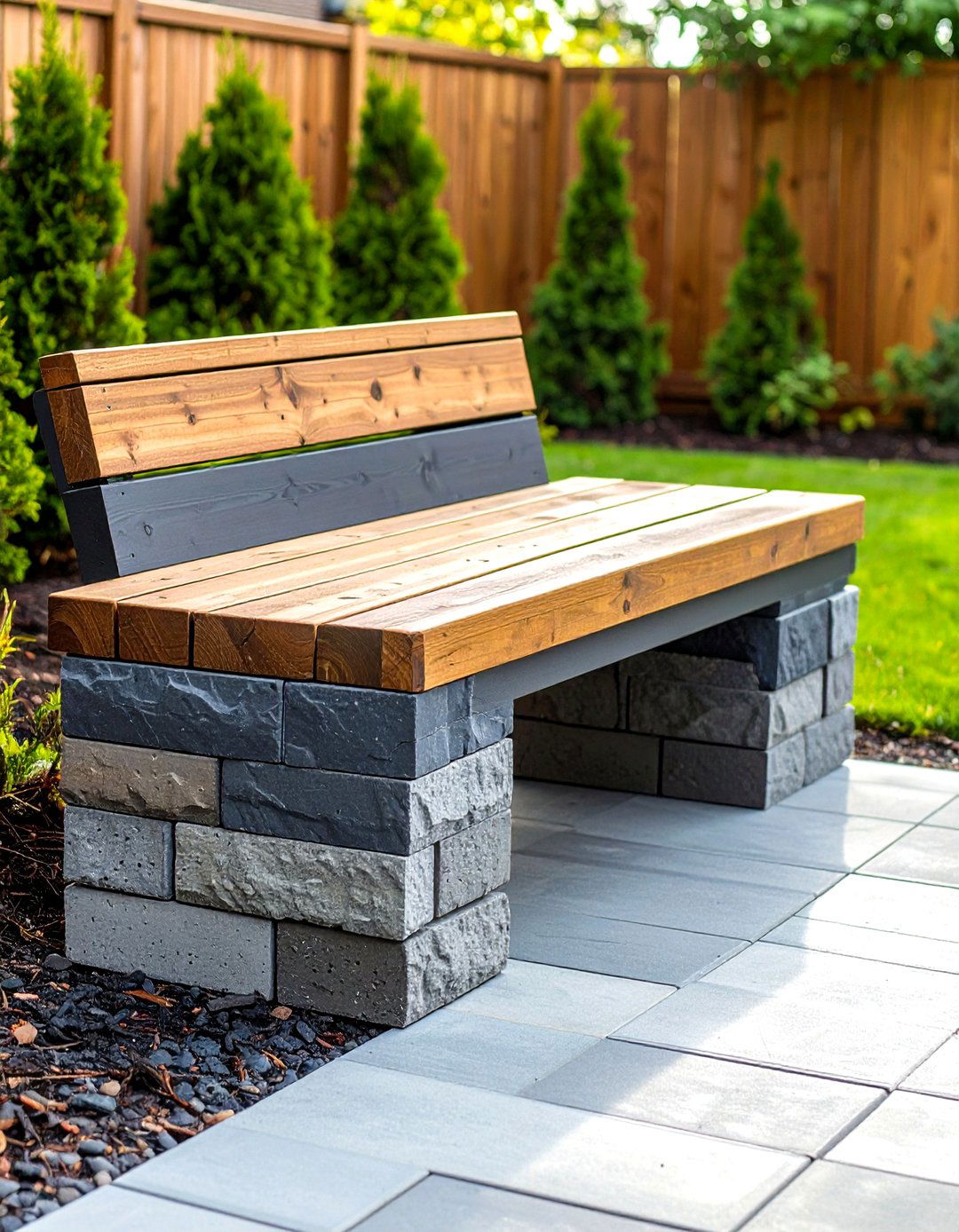 Concrete Block and Wood Plank DIY Bench - 20 Front Porch Bench Ideas