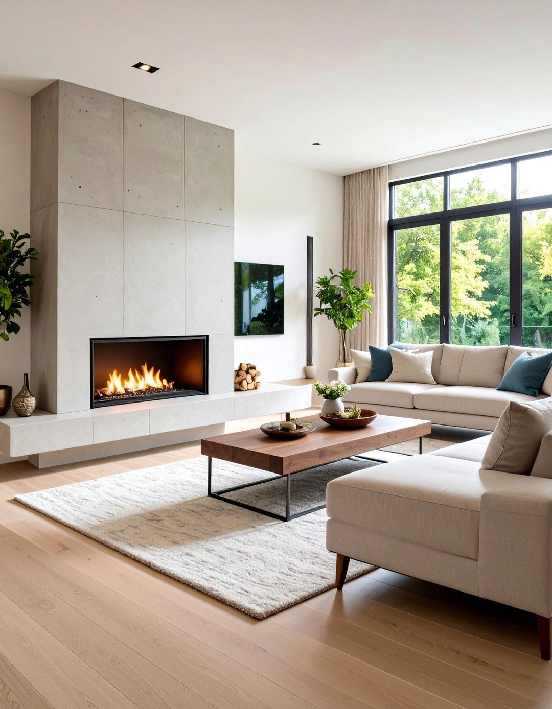 Concrete Fireplace with Floating Media Console Integration - 20 Concrete Fireplace Ideas