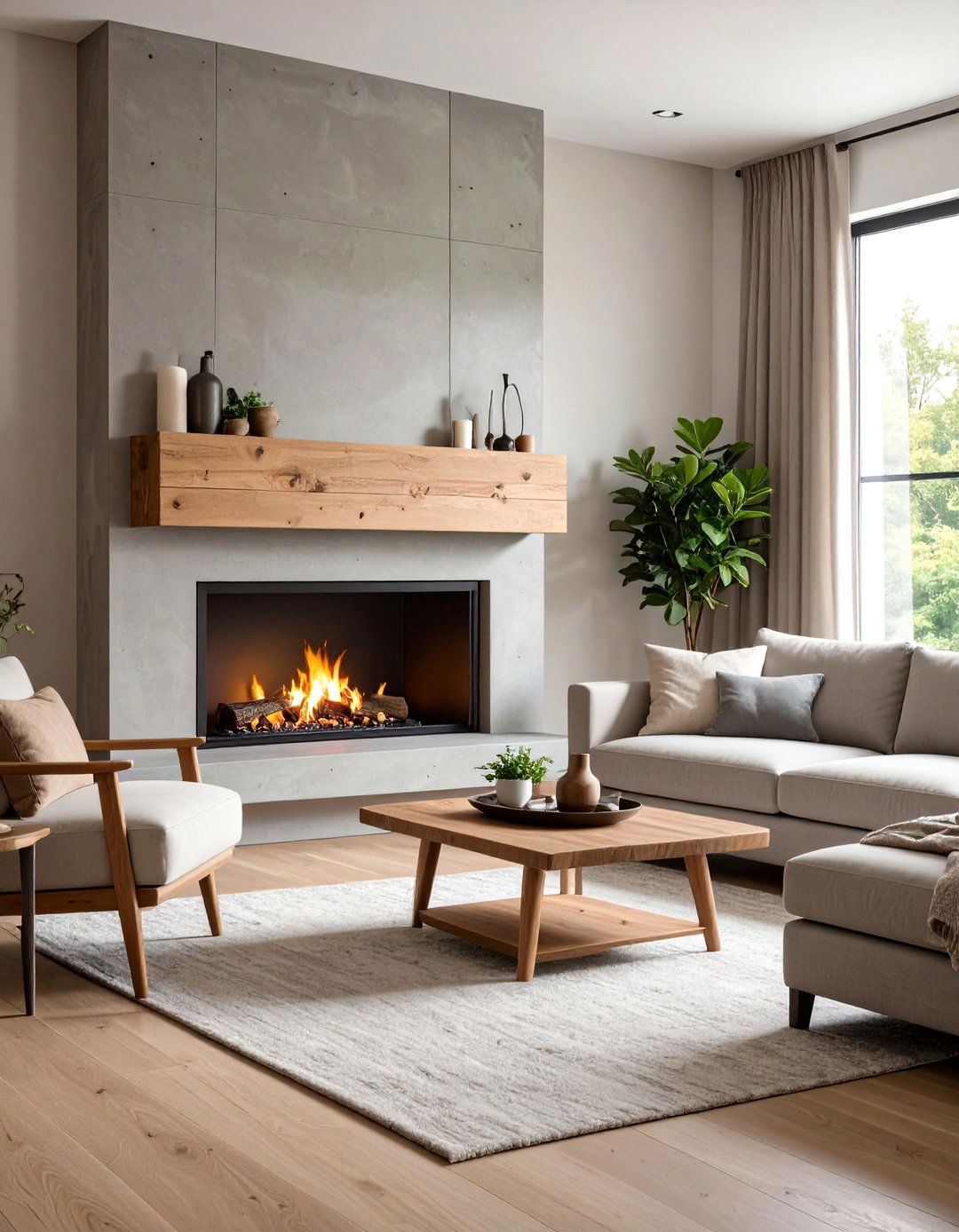 Concrete Fireplace with Floating Wood Mantel - 20 Concrete Fireplace Ideas