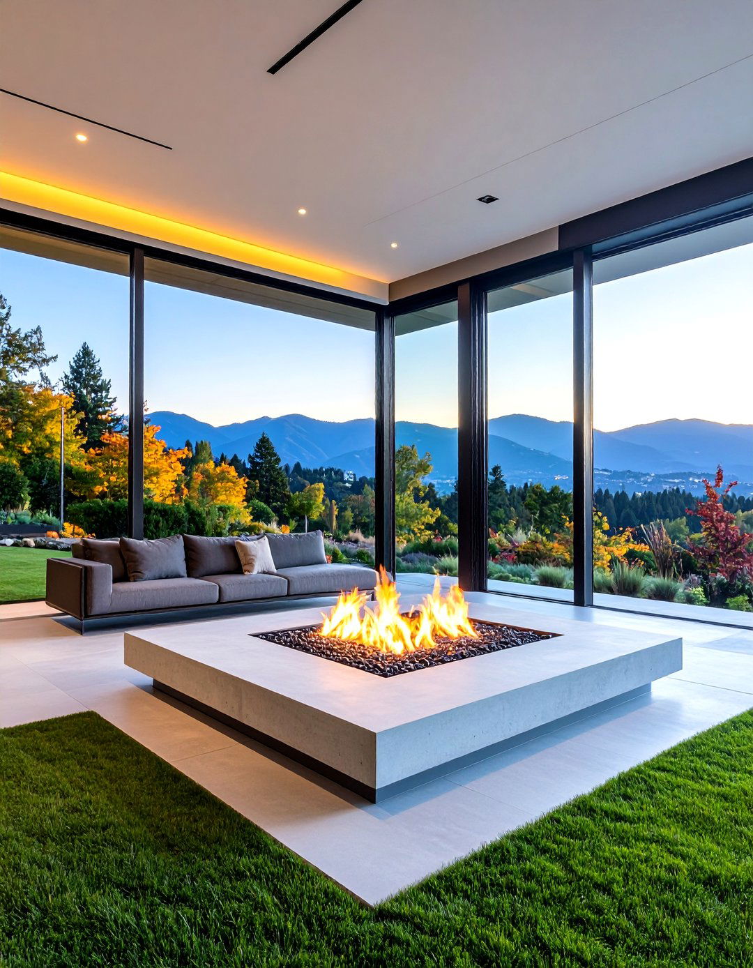 Concrete Fireplace with Floor to Ceiling Glass - 20 Fireplace Between Windows Ideas