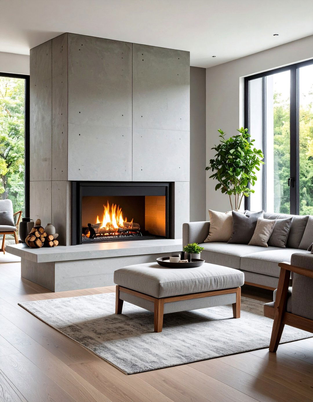 Concrete Fireplace with Integrated Storage Bench - 20 Concrete Fireplace Ideas