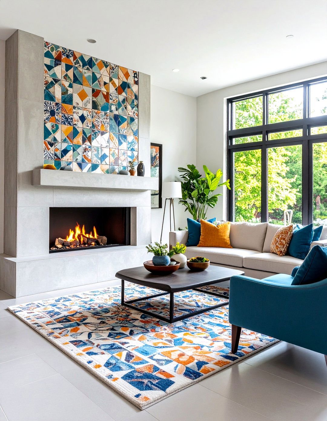 Concrete Fireplace with Mosaic Tile Accent Details - 20 Concrete Fireplace Ideas