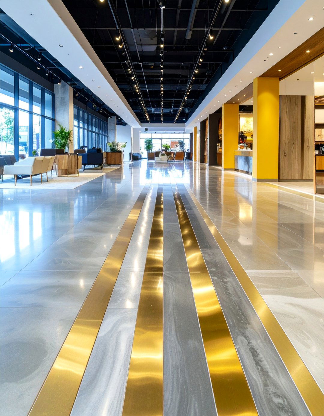 Concrete Floor Divider Strips with Accent Features - 20 Concrete Floor Ideas