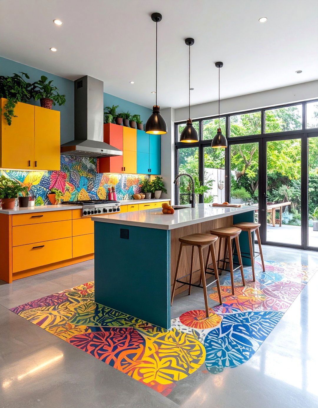 Concrete Floor Kitchen with Artistic Stenciled Patterns - 20 Concrete Floor Kitchen Ideas
