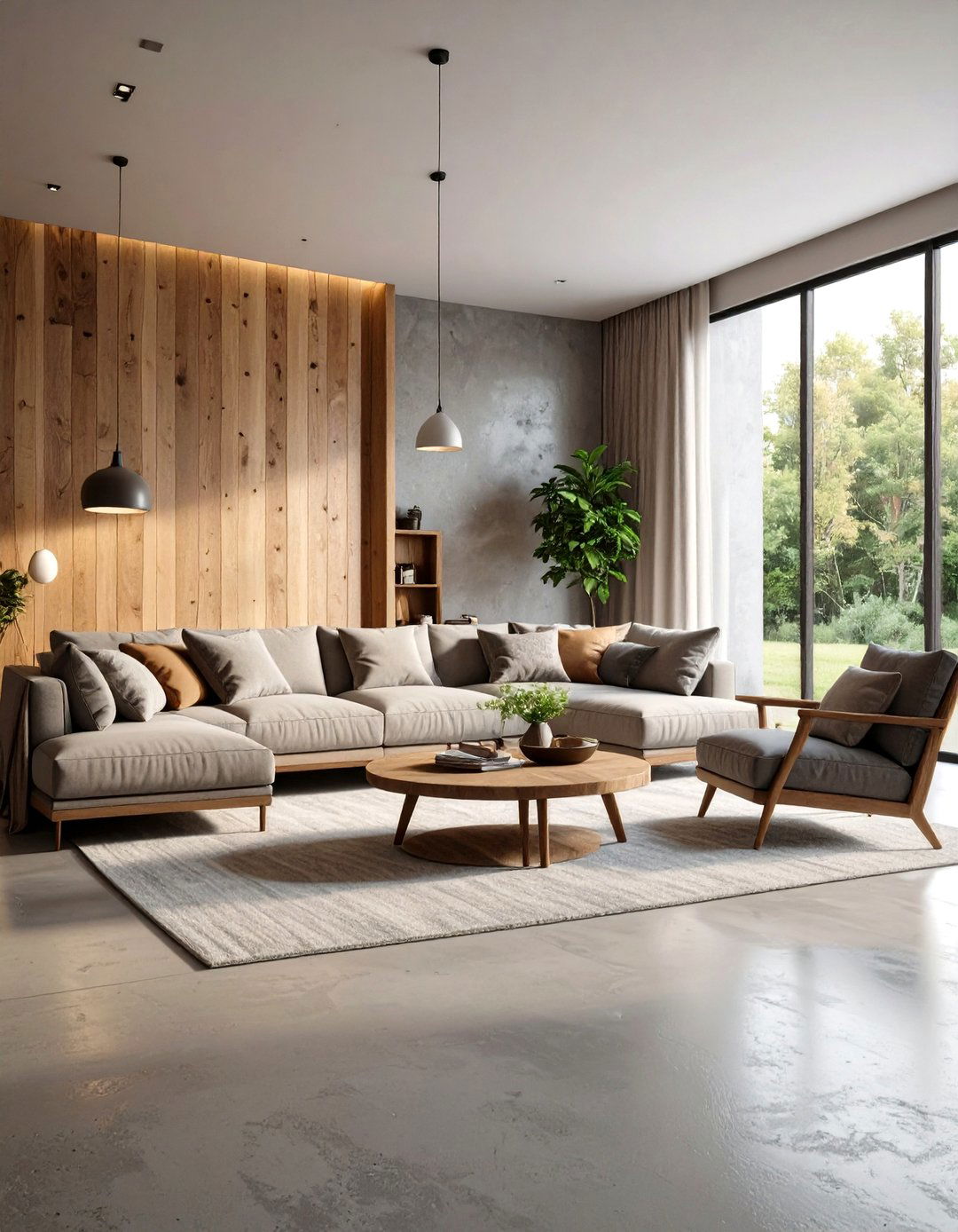 Concrete Floor Living Room Paired with Wood Accent Walls - 20 Concrete Floor Living Room Ideas