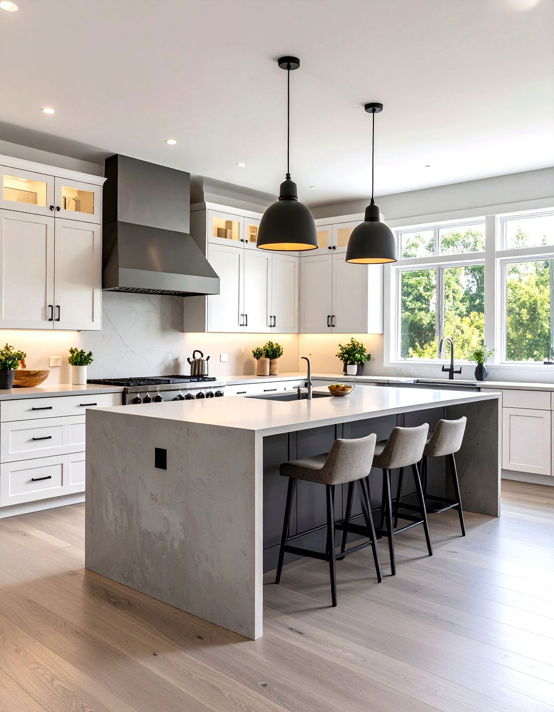 Concrete Grey Island Kitchen Wrapped in White Cabinets - 20 Grey and White Kitchen Designs