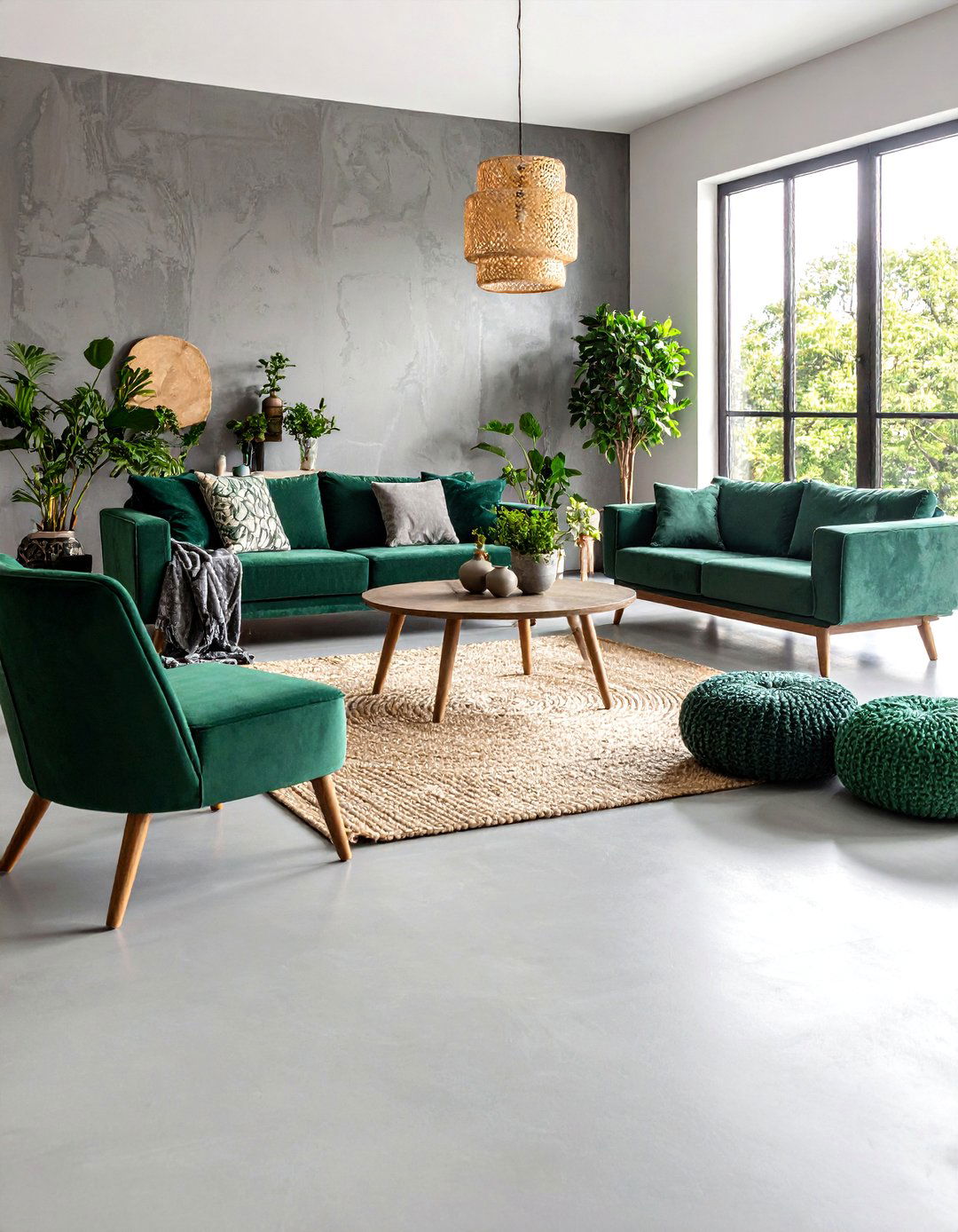 Concrete Look Floors Softened by Emerald Upholstery - 20 Green and Grey Living Room Ideas