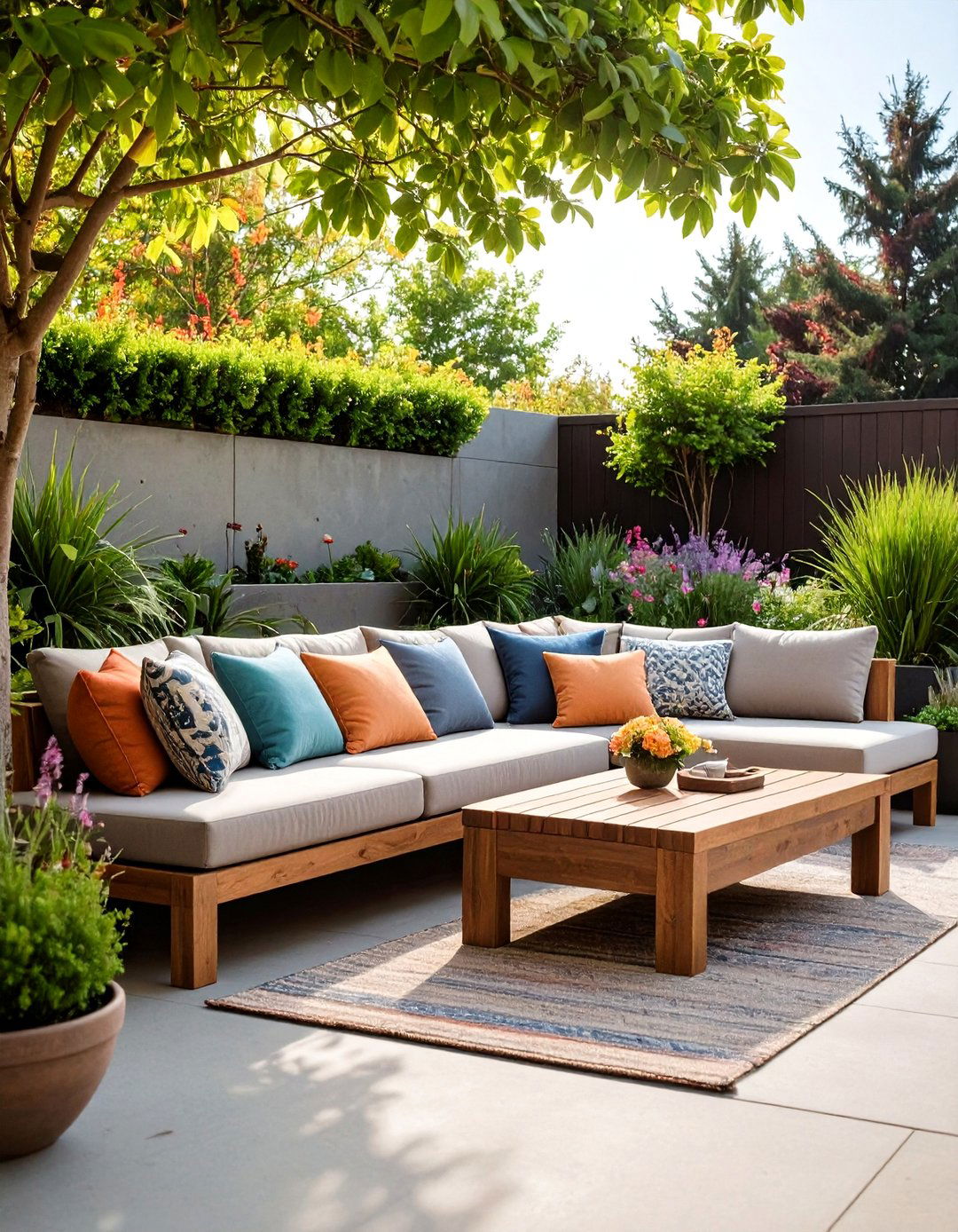Concrete Patio with DIY Built in Seating - 20 Concrete Patio Ideas on a Budget