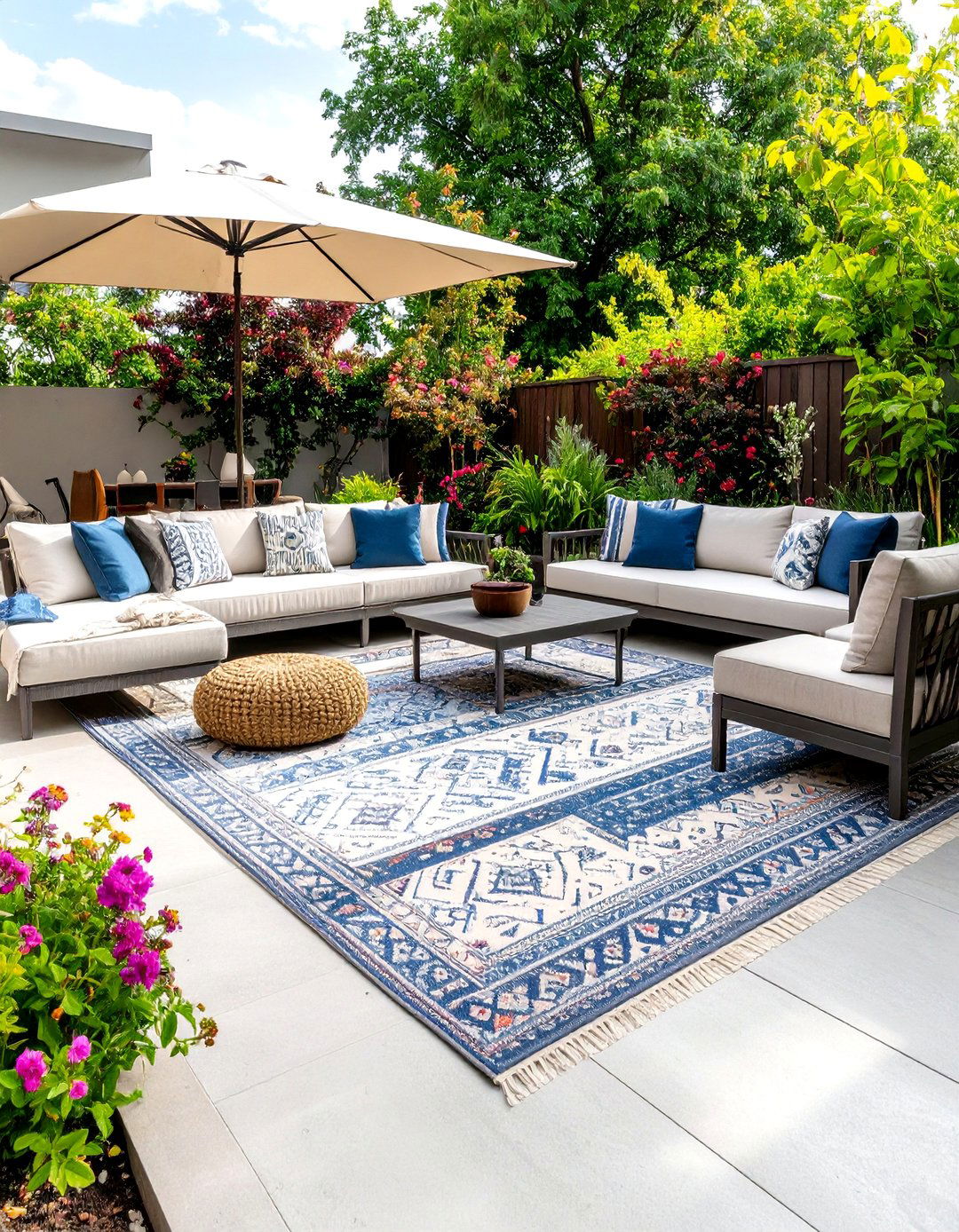 Concrete Patio with Outdoor Area Rugs - 20 Concrete Patio Ideas on a Budget