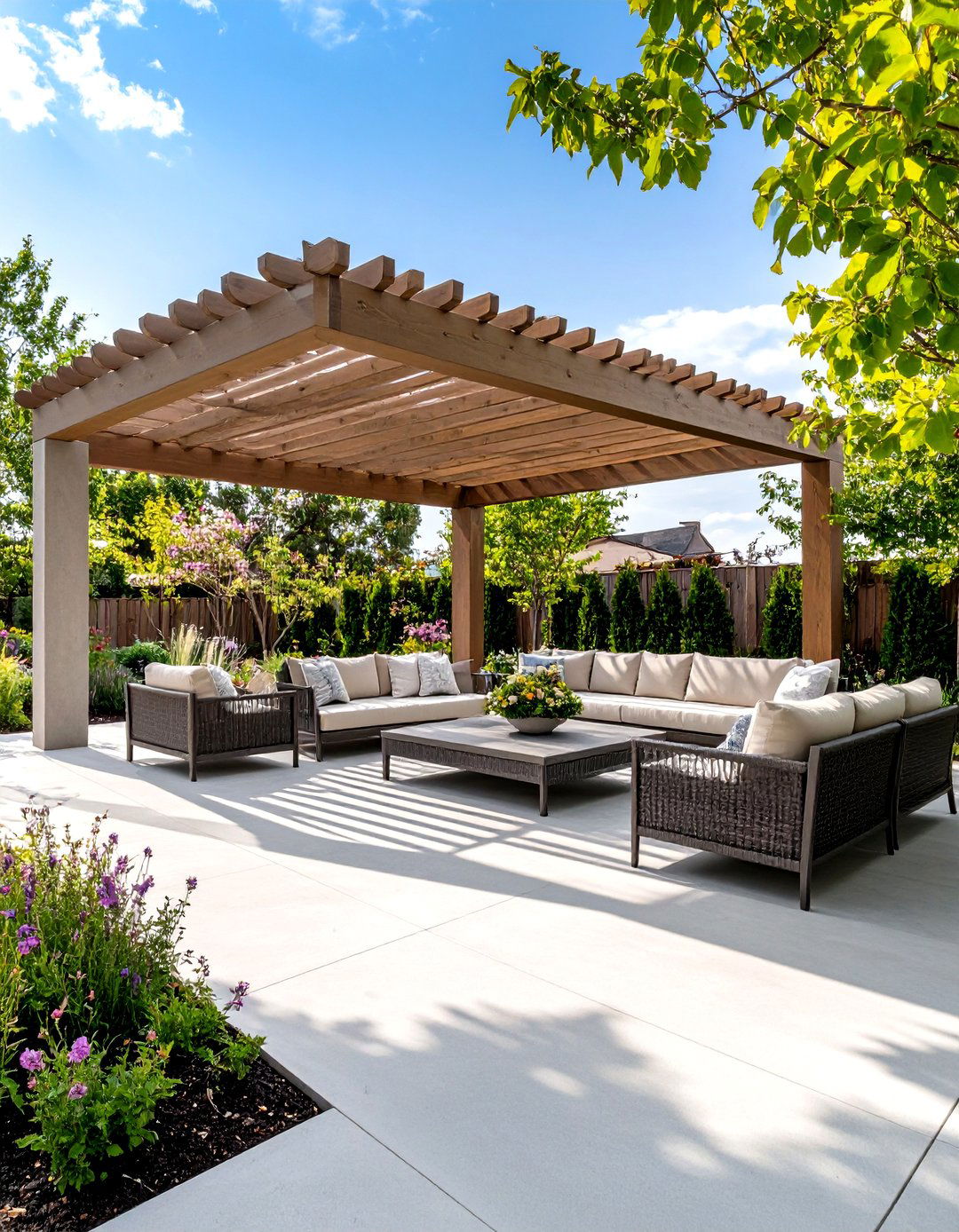 Concrete Patio with Pergola Shade Structures - 20 Concrete Patio Ideas on a Budget