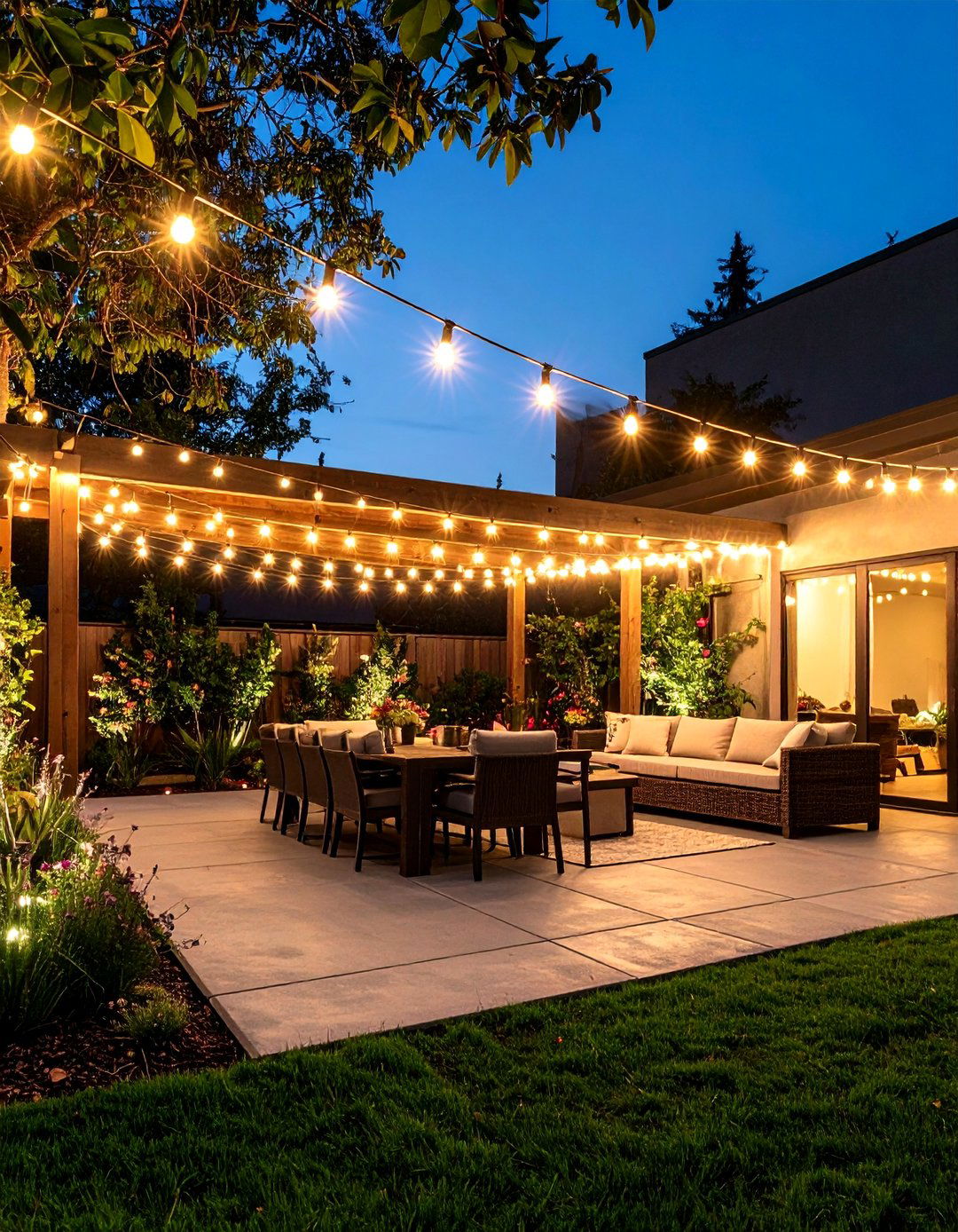 Concrete Patio with String Light Canopy - 20 Concrete Patio Ideas on a Budget