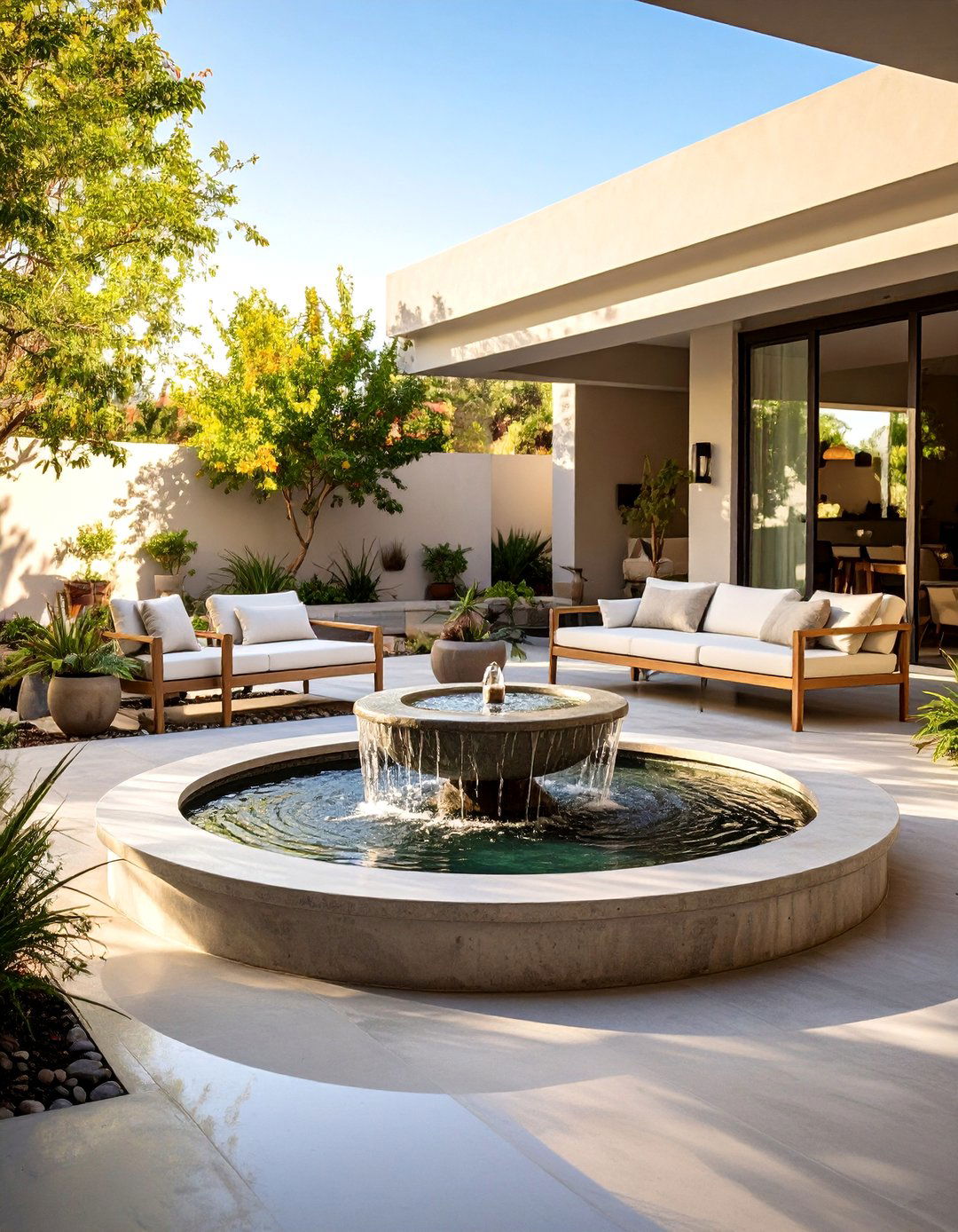 Concrete Patio with Water Feature Elements - 20 Concrete Patio Ideas on a Budget