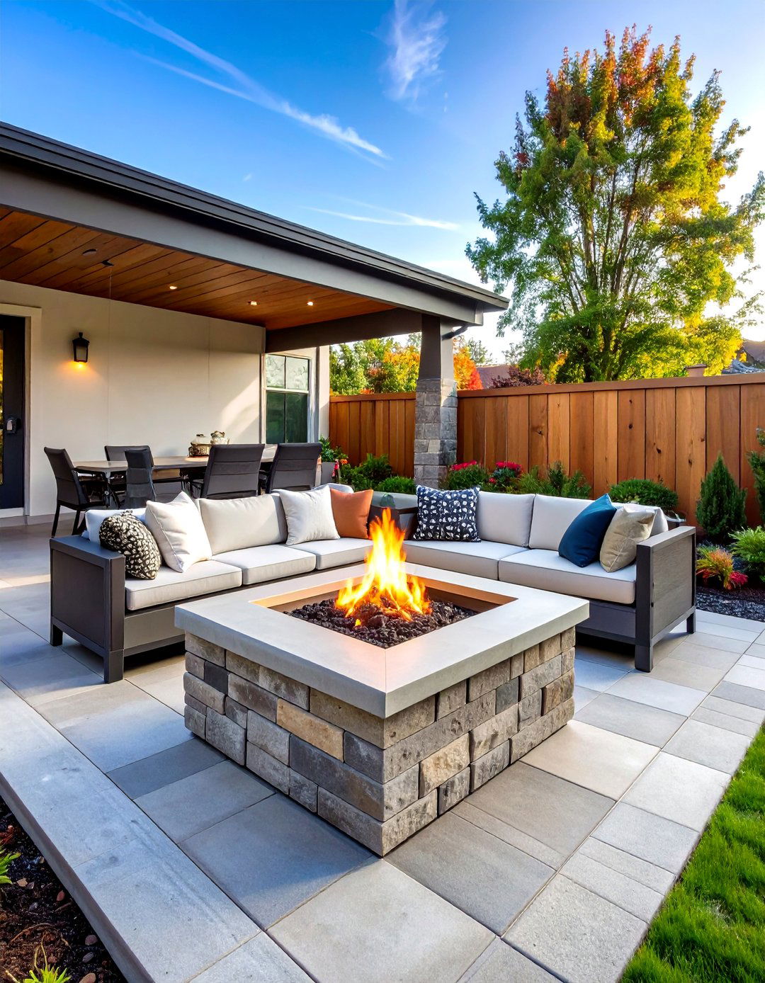 Concrete Paver Patio Fire Pit with Built in Seating Walls - 20 Concrete Paver Patio Fire Pit Ideas
