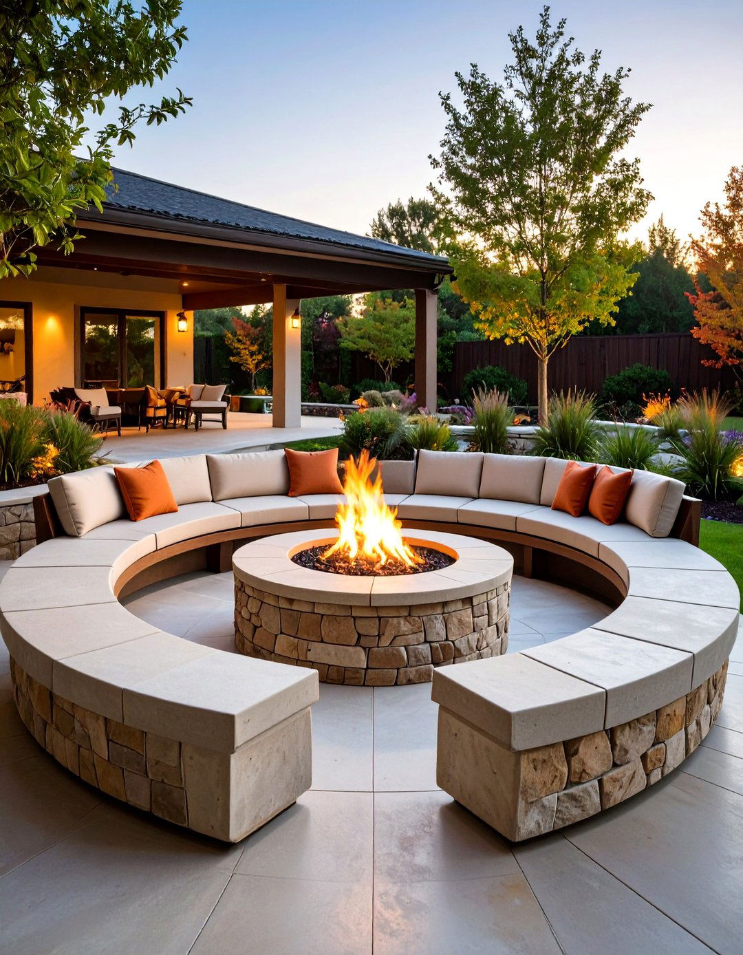Concrete Paver Patio Fire Pit with Curved Bench Configuration - 20 Concrete Paver Patio Fire Pit Ideas