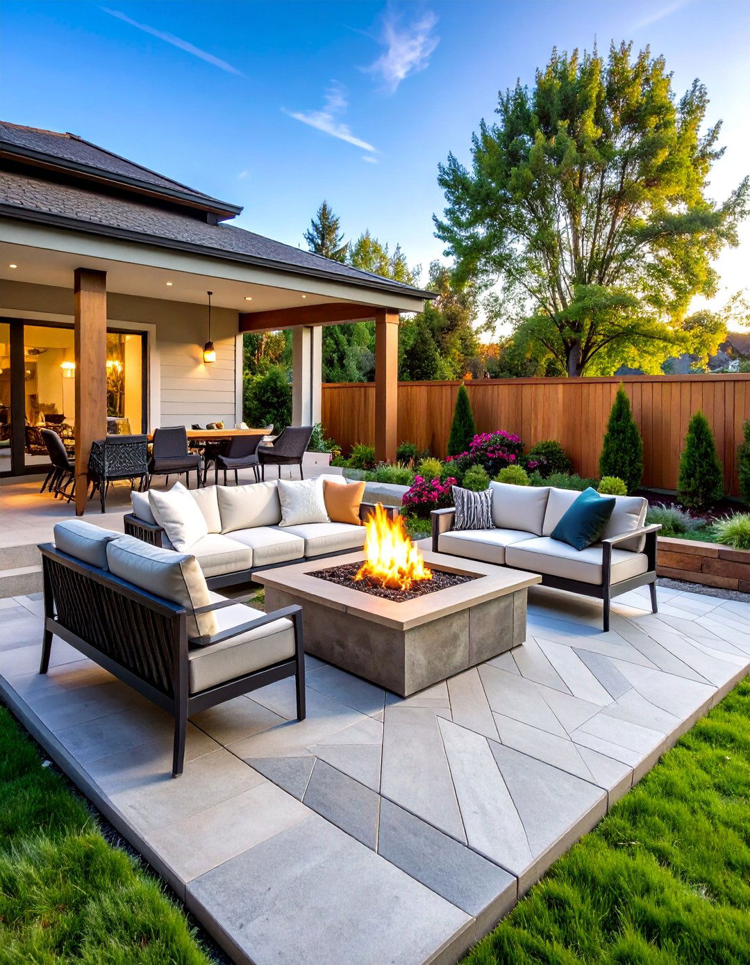Concrete Paver Patio Fire Pit with Herringbone Pattern Design - 20 Concrete Paver Patio Fire Pit Ideas