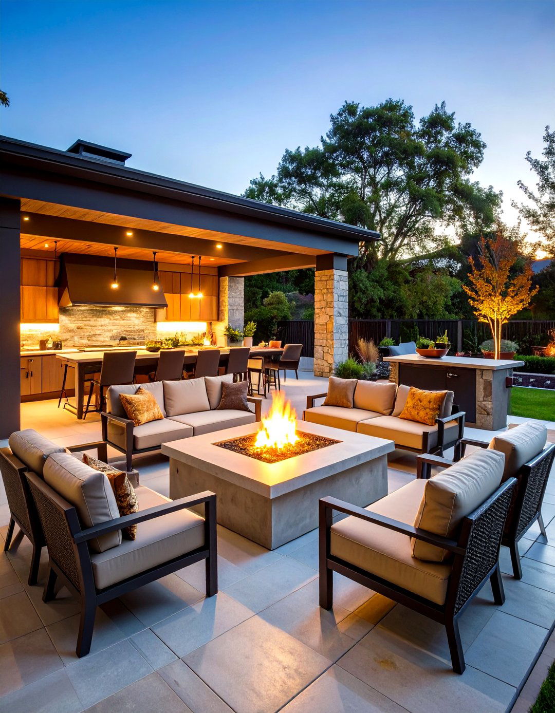 Concrete Paver Patio Fire Pit with Integrated Outdoor Kitchen - 20 Concrete Paver Patio Fire Pit Ideas