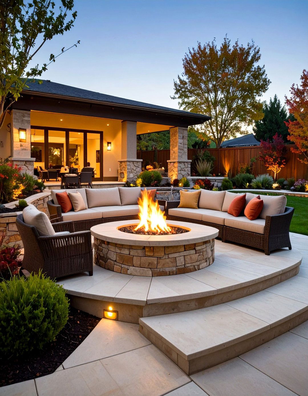 Concrete Paver Patio Fire Pit with Multi Level Terracing - 20 Concrete Paver Patio Fire Pit Ideas