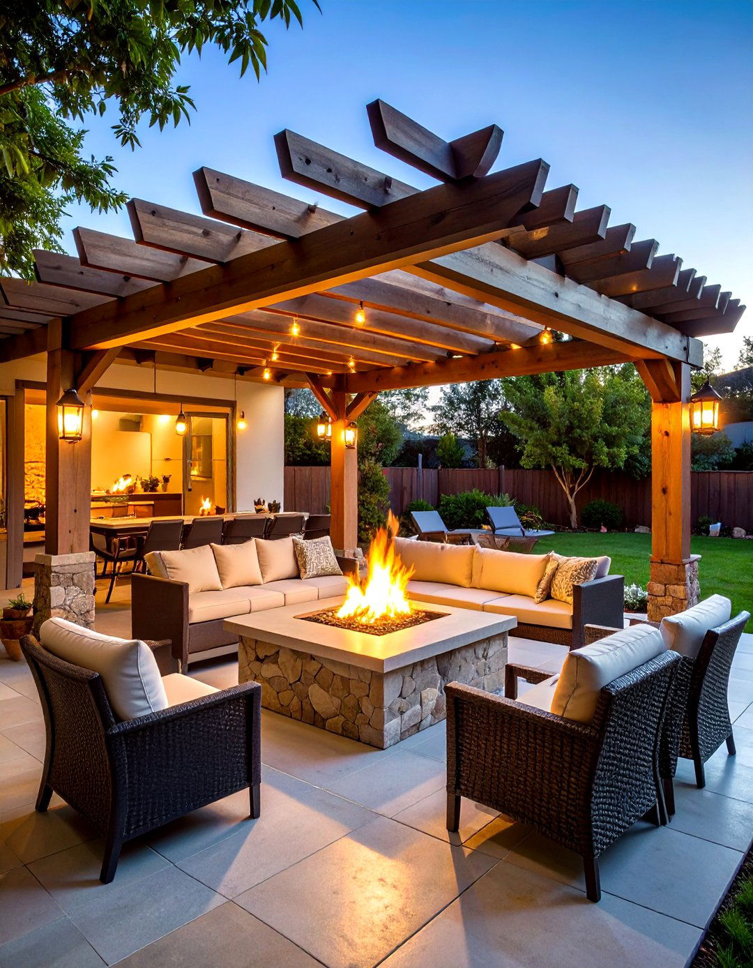 Concrete Paver Patio Fire Pit with Pergola Canopy - 20 Concrete Paver Patio Fire Pit Ideas