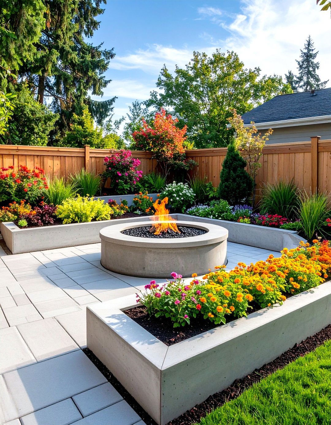 Concrete Paver Patio Fire Pit with Raised Planting Beds - 20 Concrete Paver Patio Fire Pit Ideas