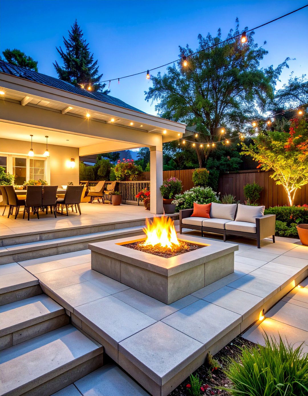 Concrete Paver Patio Fire Pit with Split Level Design - 20 Concrete Paver Patio Fire Pit Ideas