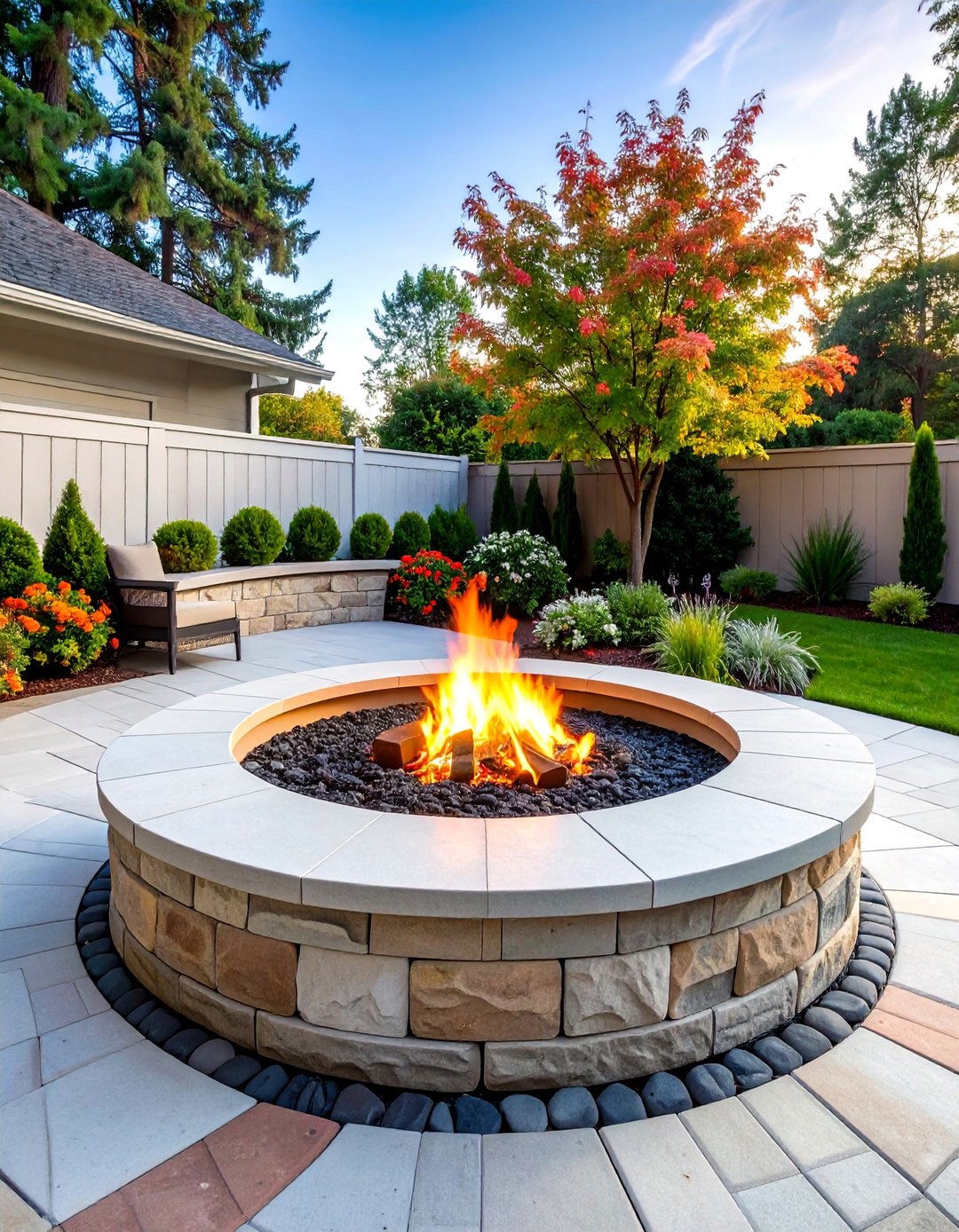 Concrete Paver Patio Fire Pit with Stack Bond Accent Borders - 20 Concrete Paver Patio Fire Pit Ideas